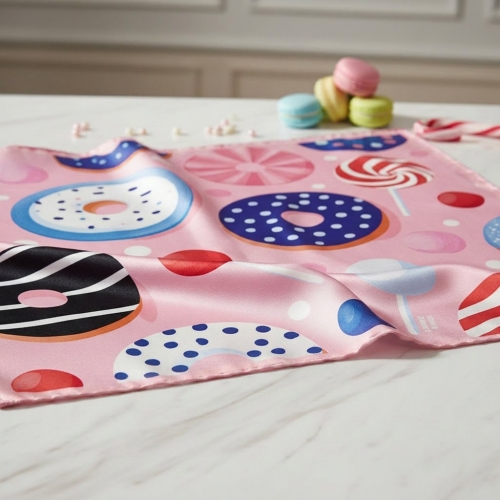 Różowa apaszka jedwabna Candies we wzór słodyczy donutów, lizaków i cukierków