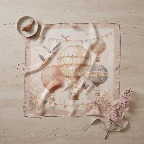 Rozłożona beżowa apaszka jedwabna Voyage 67 × 67 cm w pastelowych kolorach More Amore