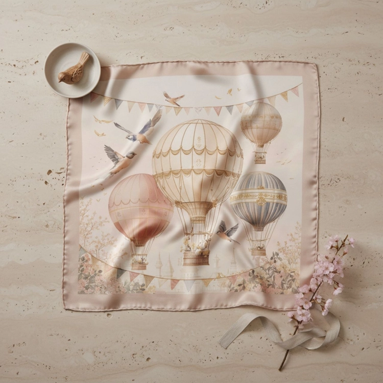 Rozłożona beżowa apaszka jedwabna Voyage 67 × 67 cm w pastelowych kolorach More Amore