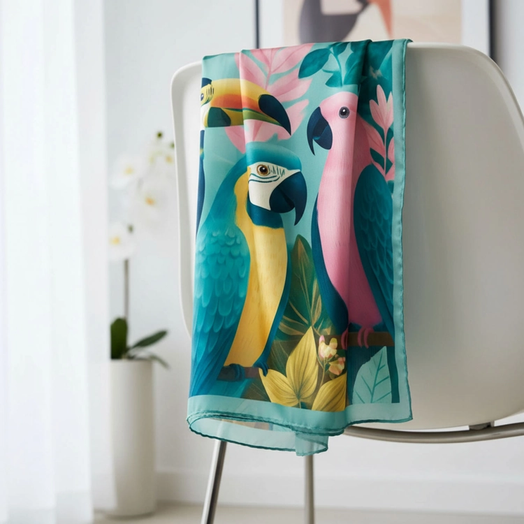 Apaszka jedwabna apaszka damska z jedwabiu chusta na głowę papugi Parrots exotic More Amore (3).jpg