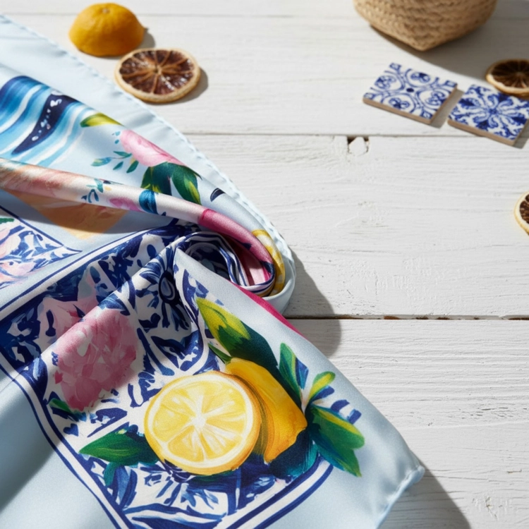 Apaszka Postcard ułożona w miękkie fałdy – zbliżenie wakacyjnego wzoru Azulejos Portugalia detal More Amore