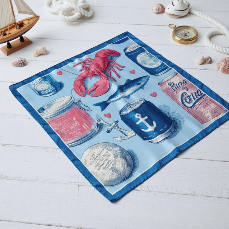 Rozłożona apaszka jedwabna Hey, Sailor! 67 × 67 cm na jasnym tle More Amore