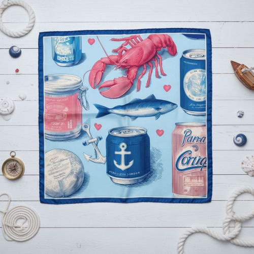 Jedwabna apaszka Hey, Sailor! z homarem, rybami i marynistycznymi motywami marynarska morska More Amore