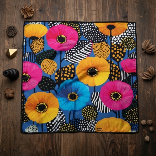 Rozłożona apaszka jedwabna Poppies 67 × 67 cm z różowymi, żółtymi i niebieskimi makami More Amore 67 cm