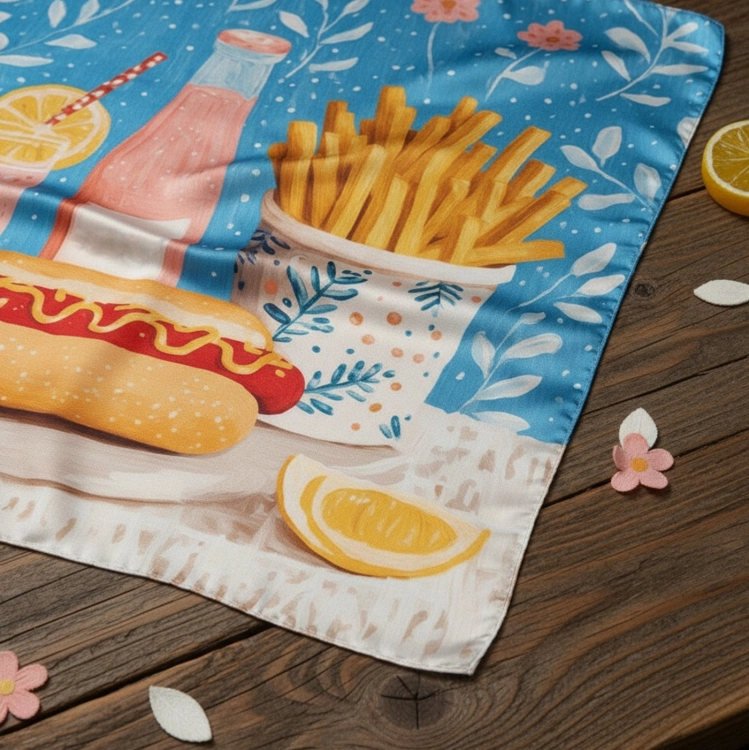 Zbliżenie jedwabnej apaszki Cheat Day z frytkami i hot dogiem More Amore fast food