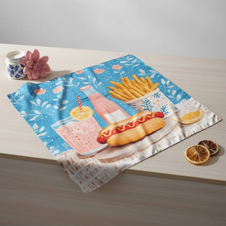 Niebieska apaszka Cheat Day ułożona w miękkie fałdy na jasnym stole More Amore