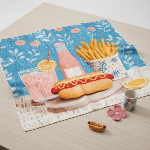 Jedwabna apaszka damska Cheat Day z motywem hot doga, frytek i różowej lemoniady fast food More Amore