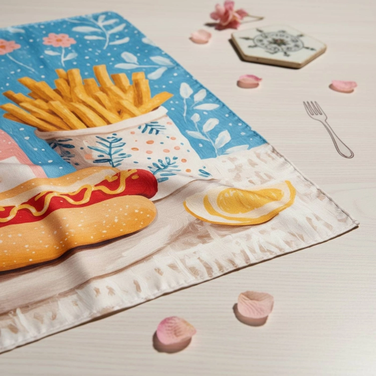 Zbliżenie apaszki Cheat Day przedstawiającej frytki, hot doga i cytryny More Amore fast food