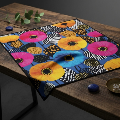 Rozłożona apaszka jedwabna Poppies 67 × 67 cm z różowymi, żółtymi i niebieskimi makami More Amore 53 cm