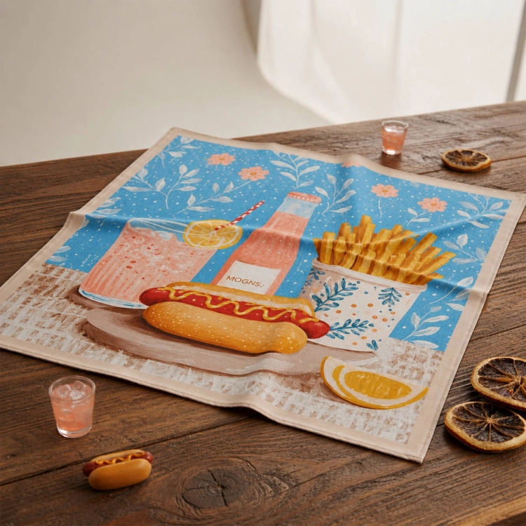 Zbliżenie apaszki Cheat Day przedstawiającej frytki, hot doga i cytryny More Amore fast food