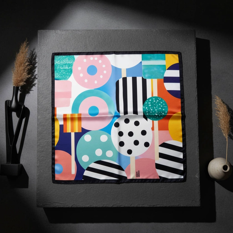 Jedwabna apaszka Sweet &amp; Spicy 67 × 67 cm ułożona na ciemno szarym tle More Amore