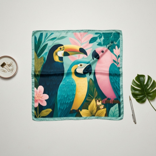 Rozłożona apaszka jedwabna Parrots Mini 53 × 53 cm z motywem papug More Amore
