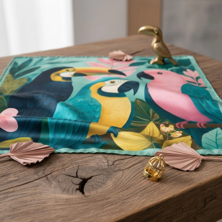 Apaszka jedwabna Parrots Mini rozłożona na drewnianym stole More Amore
