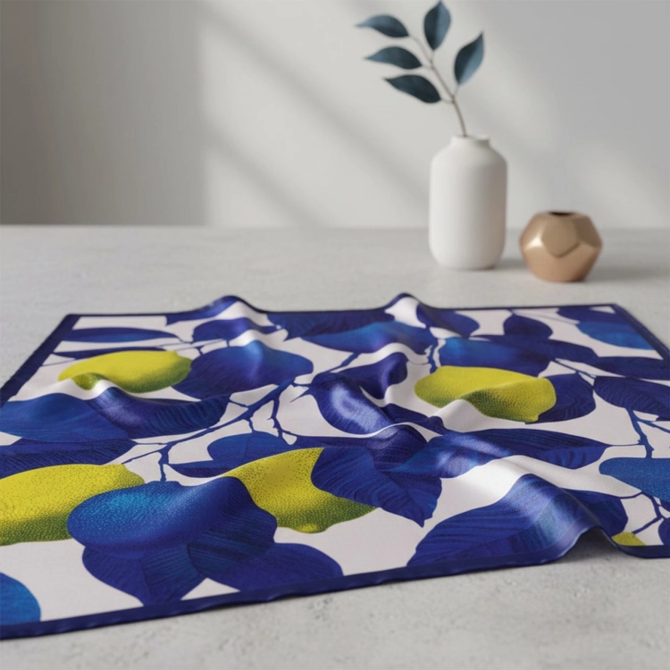 More Amore apaszka jedwabna Lemons 67 × 67 cm rozłożona na jasnym tle