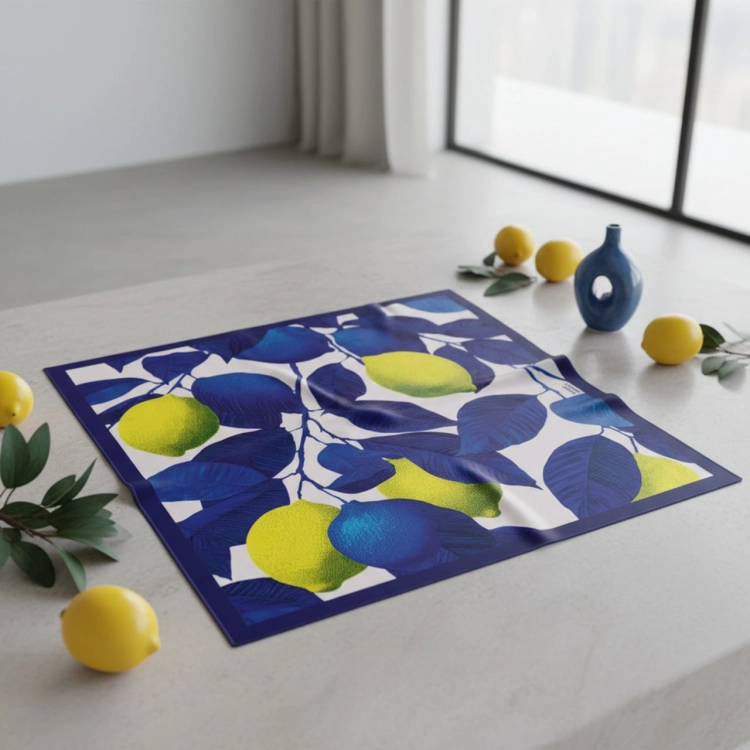 Jedwabna apaszka Lemons w niebieskie liście i żółte cytryny – More Amore