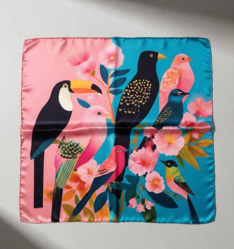 Apaszka jedwabna Bird 67 x 67 cm ułożona na jasnym stole More Amore